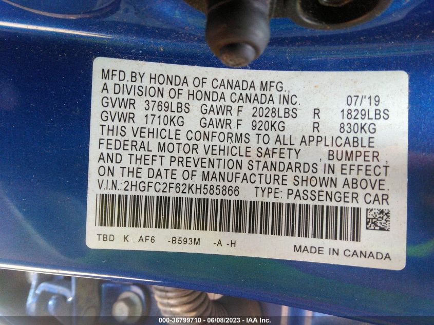 2019 HONDA CIVIC SEDAN LX - 2HGFC2F62KH585866