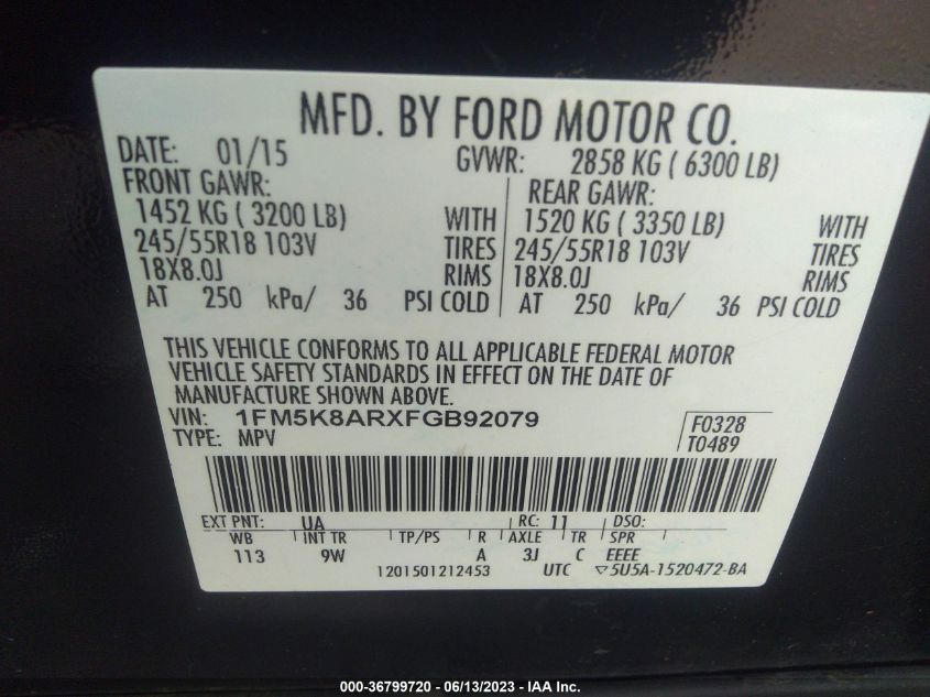 2015 FORD UTILITY POLICE 1FM5K8ARXFGB92079