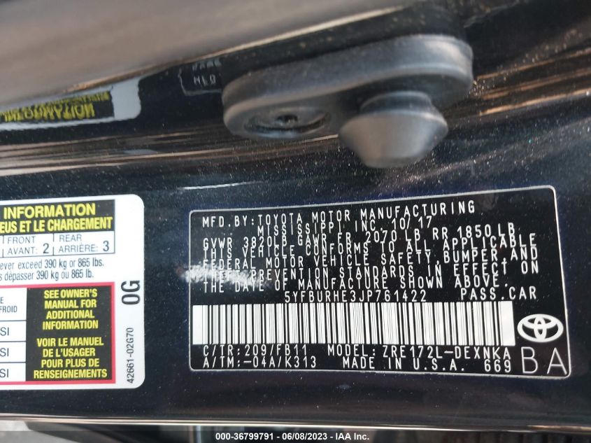2018 TOYOTA COROLLA L/LE/XLE/SE/XSE - 5YFBURHE3JP761422