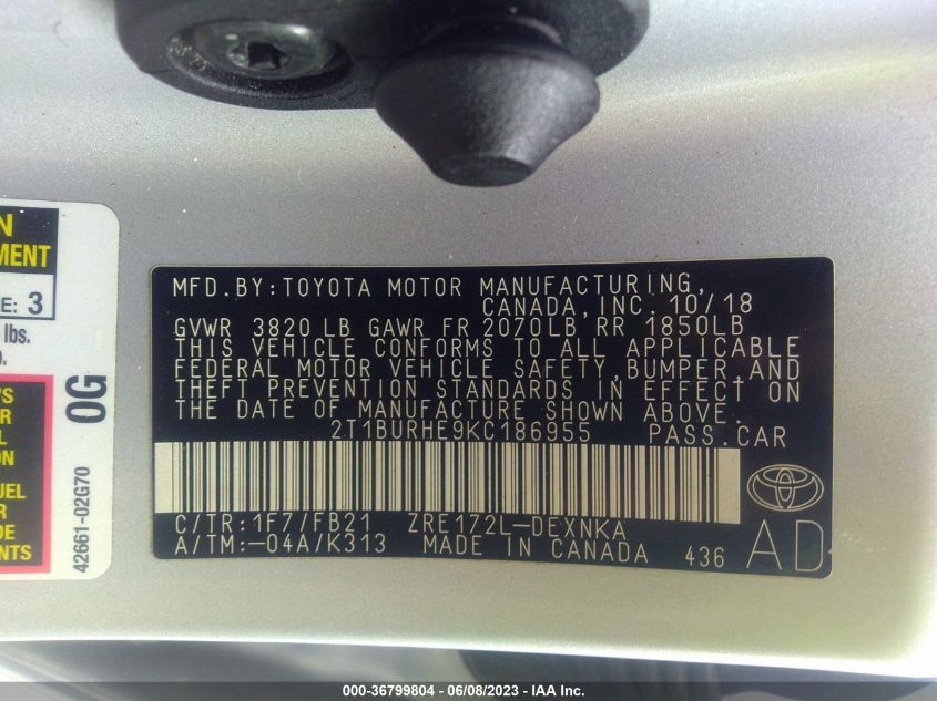 2019 TOYOTA COROLLA L/LE/SE/XLE/XSE - 2T1BURHE9KC186955