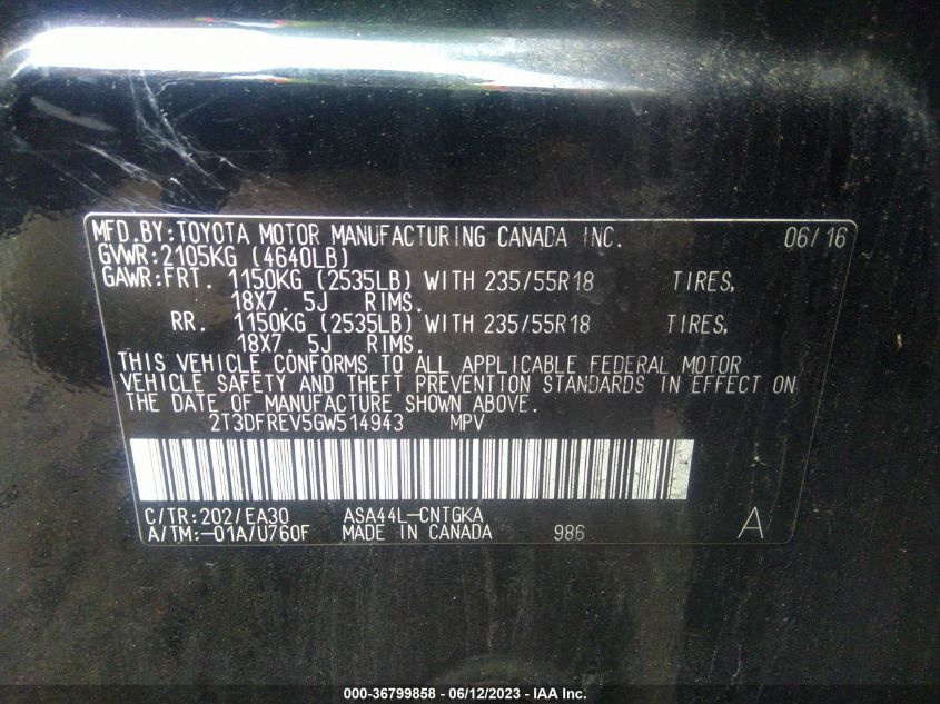 2016 TOYOTA RAV4 LIMITED - 2T3DFREV5GW514943