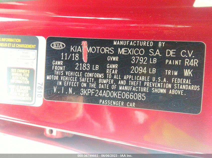 VIN 3KPF24AD0KE066085 2019 KIA FORTE LXS