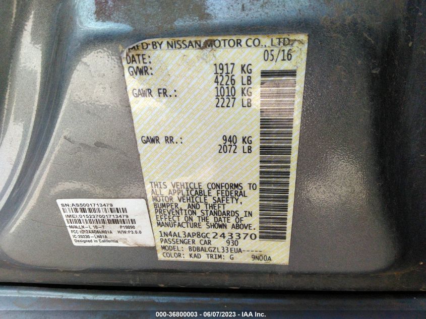 2016 NISSAN ALTIMA 2.5 - 1N4AL3AP8GC243370