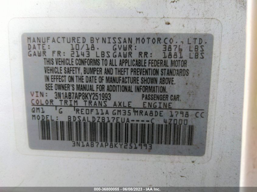 2019 NISSAN SENTRA SV - 3N1AB7AP8KY251993