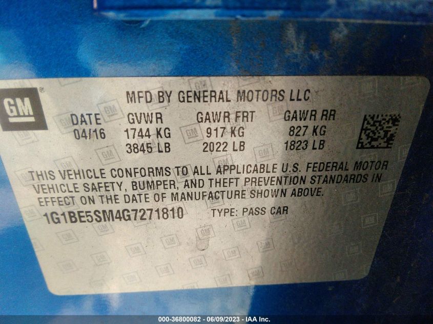 2016 CHEVROLET CRUZE LT - 1G1BE5SM4G7271810