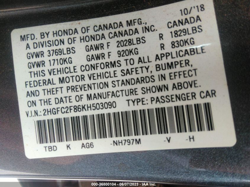 2019 HONDA CIVIC SEDAN SPORT - 2HGFC2F86KH503090