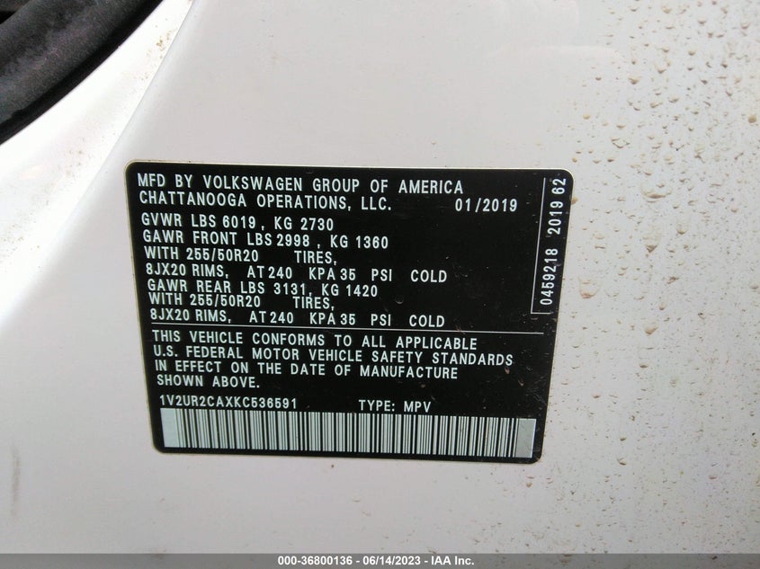 VIN 1V2UR2CAXKC536591 2019 VOLKSWAGEN ATLAS 3.6L V6 SE W/TECHNOLOGY