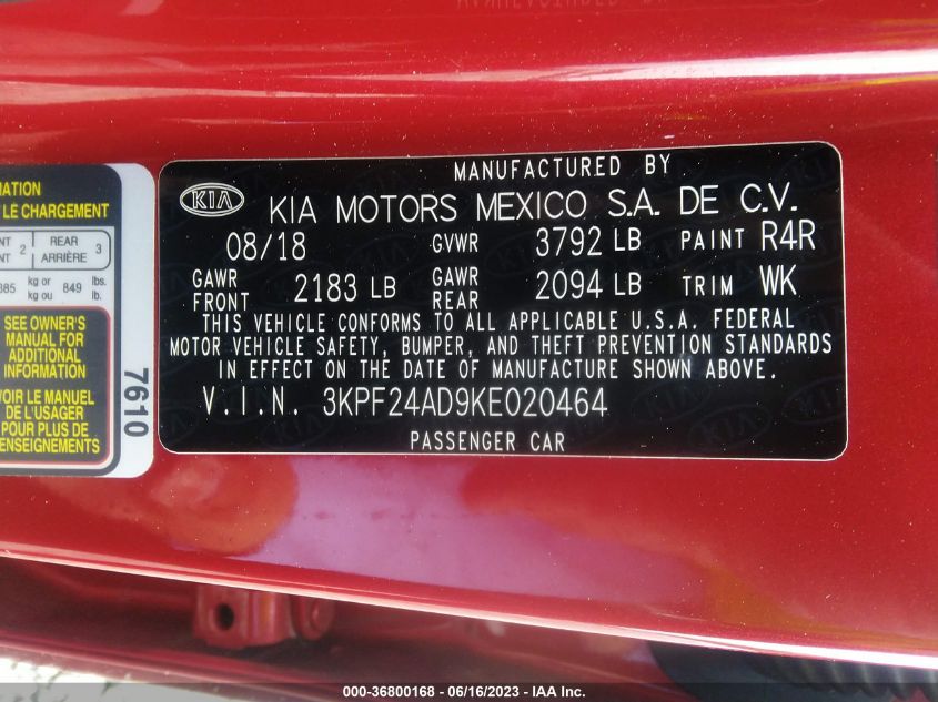 2019 KIA FORTE LXS - 3KPF24AD9KE020464