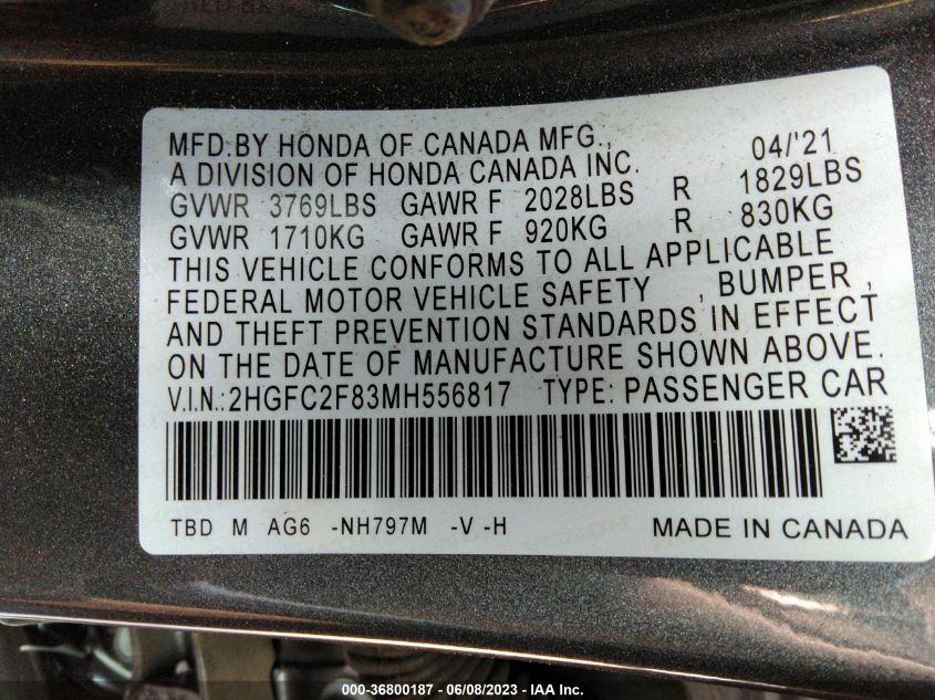 2021 HONDA CIVIC SEDAN SPORT - 2HGFC2F83MH556817