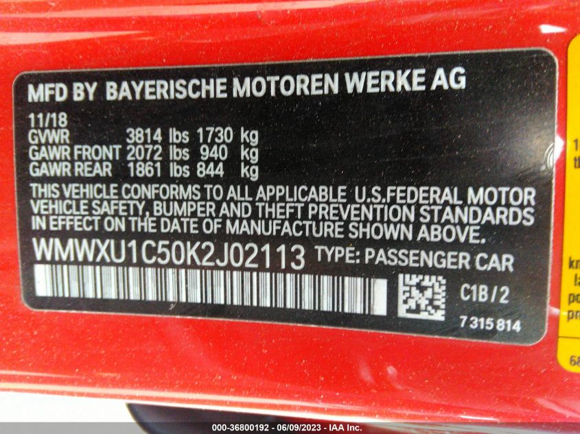 2019 MINI HARDTOP 4 DOOR COOPER WMWXU1C50K2J02113