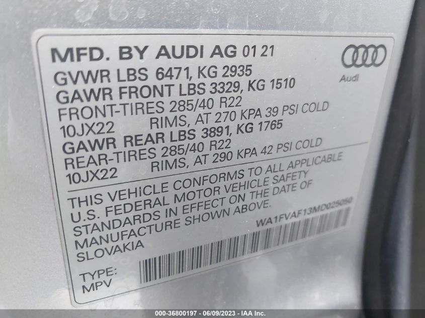 2021 AUDI Q8 PRESTIGE S-LINE - WA1FVAF13MD025050