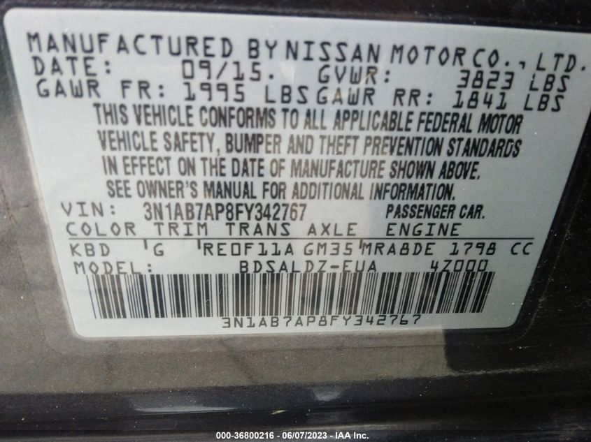 2015 NISSAN SENTRA SV - 3N1AB7AP8FY342767