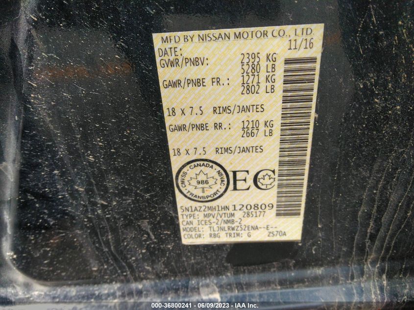 2017 NISSAN MURANO S/SL/SV/PLATINUM - 5N1AZ2MH1HN120809