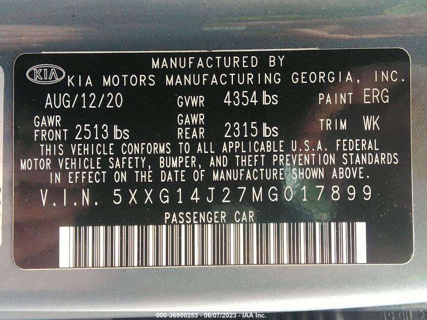 2021 KIA K5 LXS - 5XXG14J27MG017899