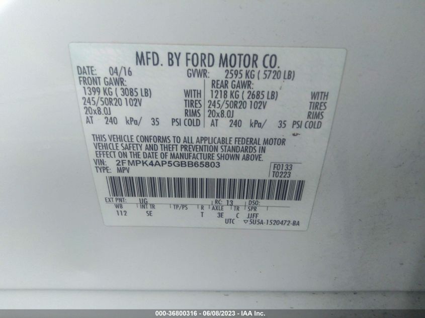 2016 FORD EDGE SPORT - 2FMPK4AP5GBB65803