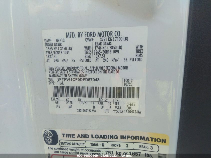 2013 FORD F-150 XL/XLT/FX2/LARIAT - 1FTFW1CF9DFD67948