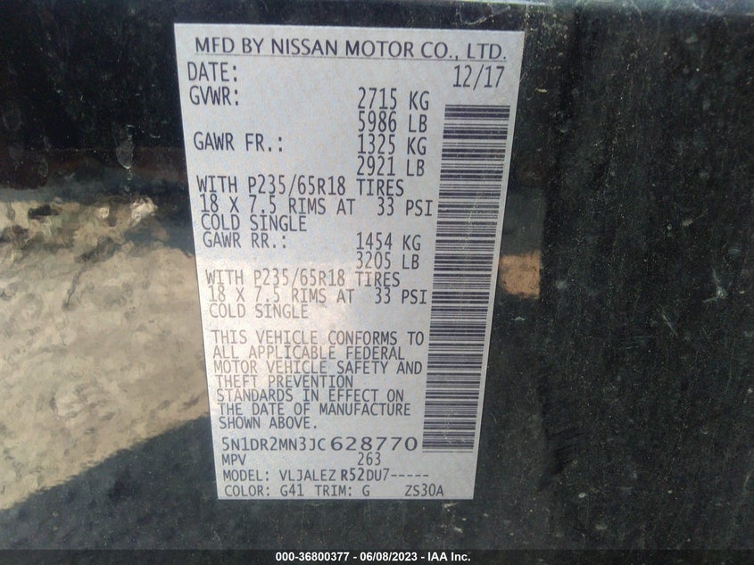 VIN 5N1DR2MN3JC628770 2018 NISSAN PATHFINDER S/SV/SL/PLATINUM