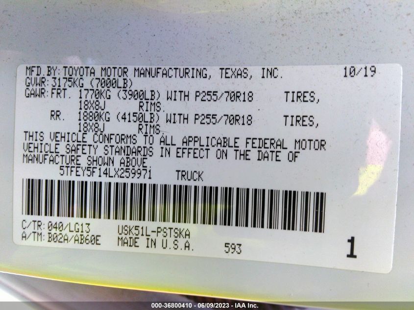 2020 TOYOTA TUNDRA 2WD SR5 - 5TFEY5F14LX259971
