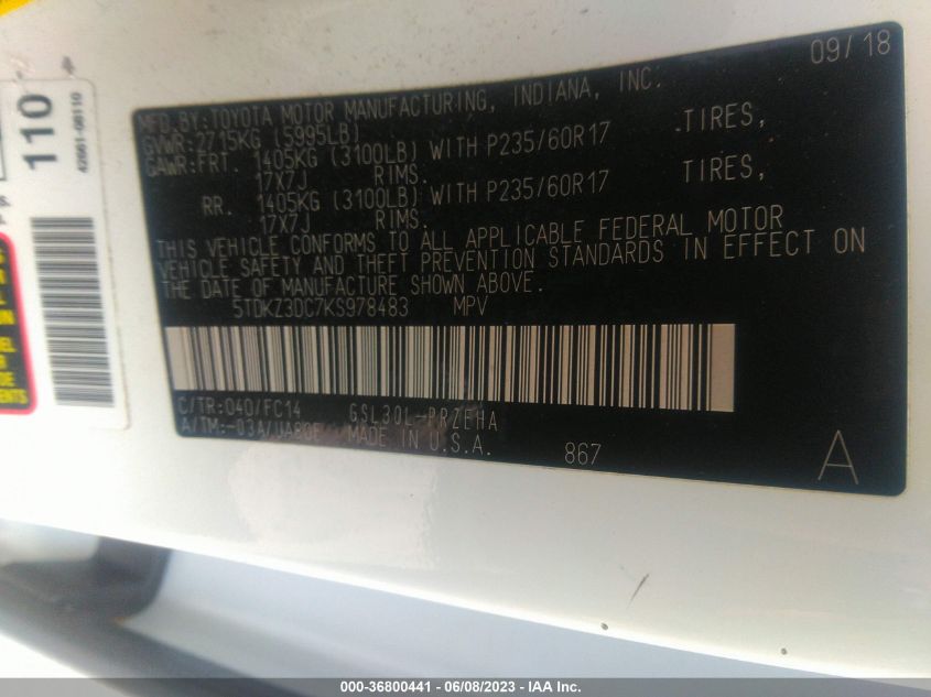 2019 TOYOTA SIENNA LE - 5TDKZ3DC7KS978483