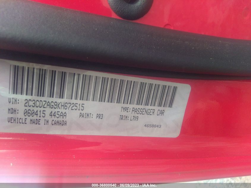 2019 DODGE CHALLENGER SXT - 2C3CDZAG9KH672515