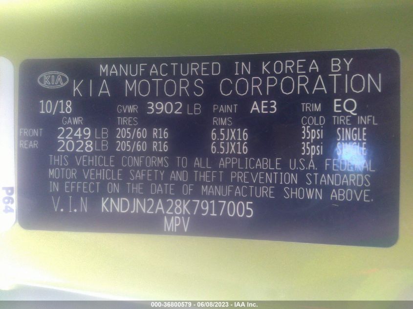 2019 KIA SOUL BASE - KNDJN2A28K7917005