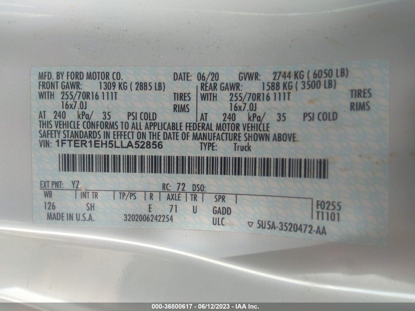 VIN 1FTER1EH5LLA52856 2020 FORD RANGER XL/XLT/LARIAT