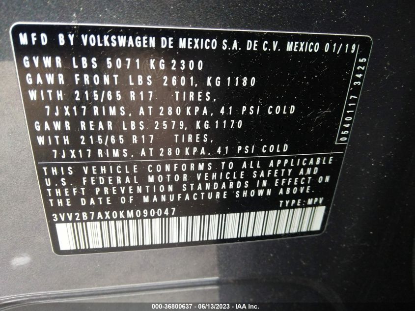 2019 VOLKSWAGEN TIGUAN SE/SEL/SEL R-LINE - 3VV2B7AX0KM090047