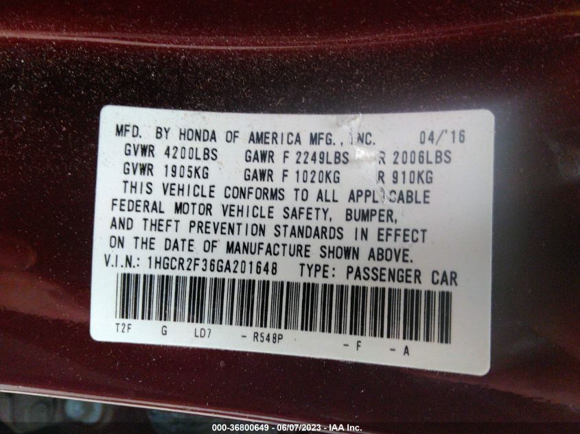 2016 HONDA ACCORD SEDAN LX - 1HGCR2F36GA201648