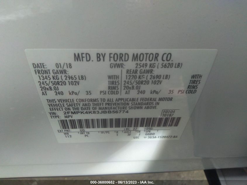 2FMPK4K83JBB56774 2018 FORD EDGE, photo no. 9