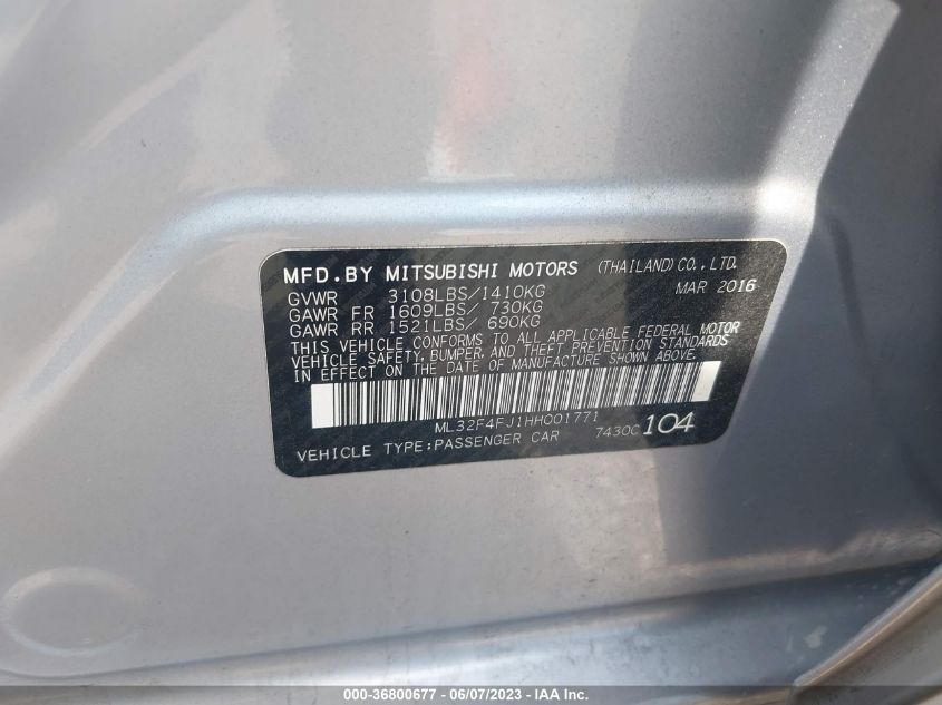 2017 MITSUBISHI MIRAGE G4 SE - ML32F4FJ1HH001771