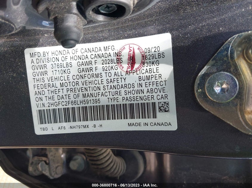 VIN 2HGFC2F66LH591395 2020 HONDA CIVIC SEDAN LX