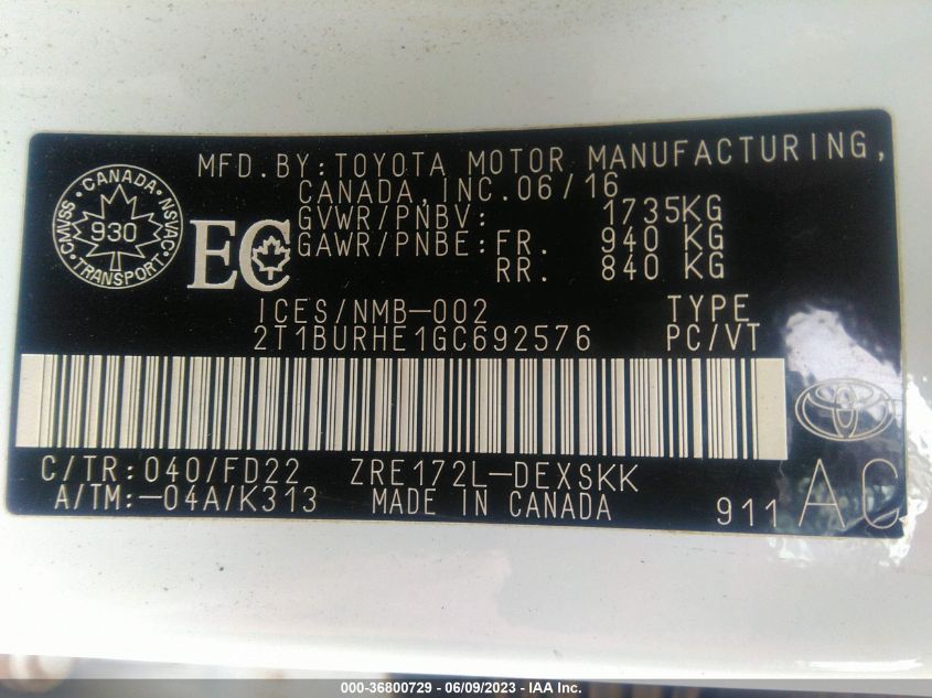 2016 TOYOTA COROLLA L/LE/S/S PLUS/LE PLUS - 2T1BURHE1GC692576