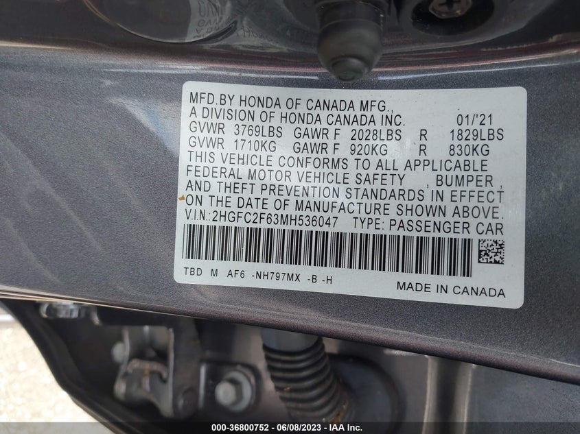 VIN 2HGFC2F63MH536047 2021 HONDA CIVIC SEDAN LX