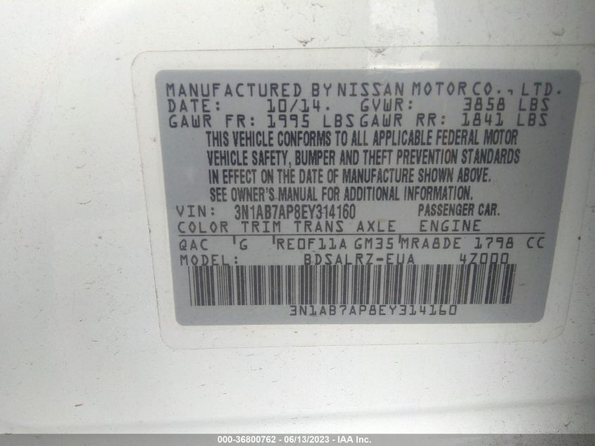 2014 NISSAN SENTRA S/SV/SR/SL - 3N1AB7AP8EY314160