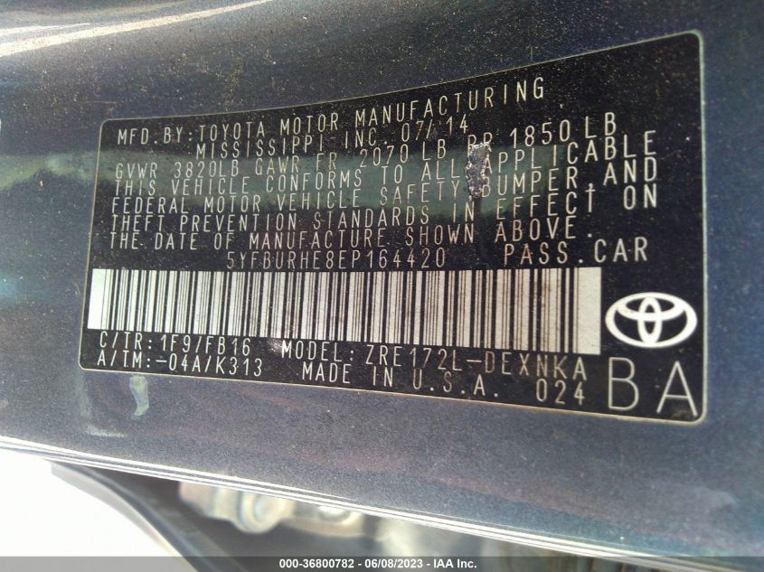 2014 TOYOTA COROLLA L/LE/S/S PLUS/LE PLUS - 5YFBURHE8EP164420