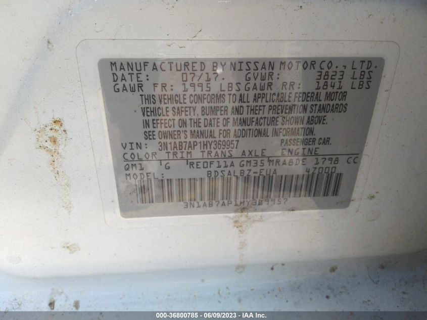 2017 NISSAN SENTRA S/SV/SR/SL - 3N1AB7AP1HY369957
