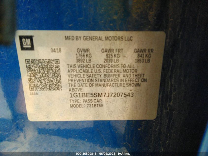 2018 CHEVROLET CRUZE LT - 1G1BE5SM7J7207543