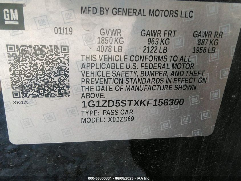 2019 CHEVROLET MALIBU LT - 1G1ZD5STXKF156300