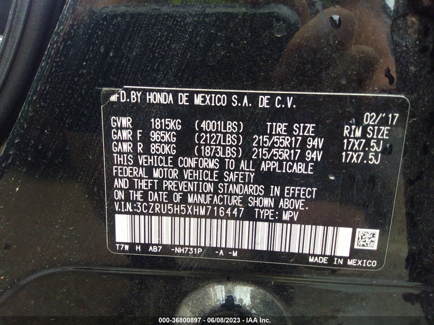 VIN 3CZRU5H5XHM716447 2017 HONDA HR-V EX