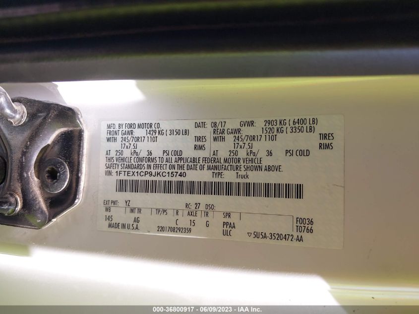 2018 FORD F-150 XL/XLT/LARIAT - 1FTEX1CP9JKC15740