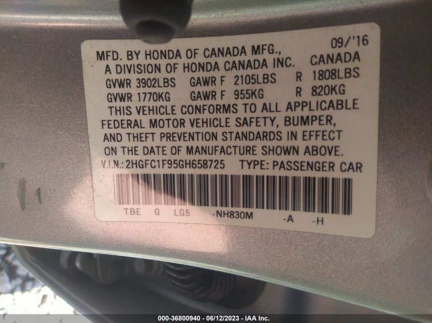 2016 HONDA CIVIC SEDAN TOURING - 2HGFC1F95GH658725