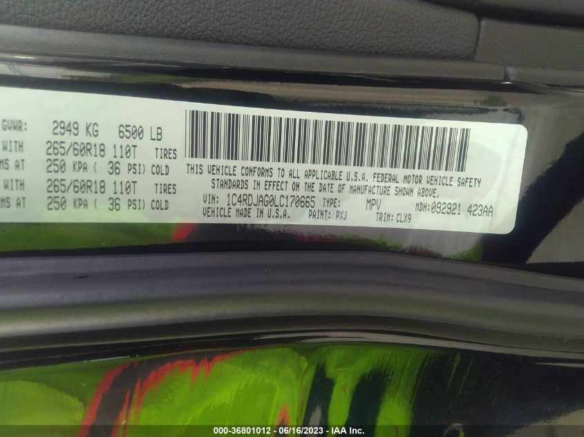 2020 DODGE DURANGO SXT - 1C4RDJAG0LC170665