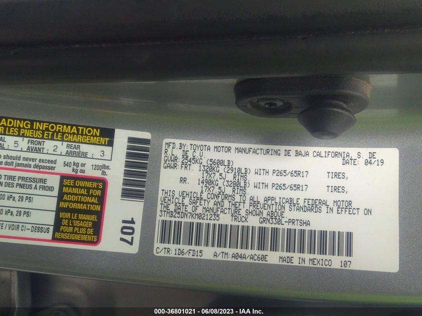 VIN 3TMBZ5DN7KM021235 2019 TOYOTA TACOMA 2WD SR5/TRD SPORT