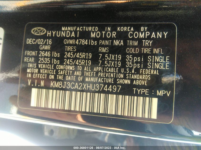 2017 HYUNDAI TUCSON LIMITED/SPORT AND ECO/SE - KM8J3CA2XHU374497