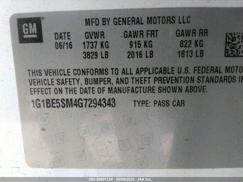 2016 CHEVROLET CRUZE LT - 1G1BE5SM4G7294343