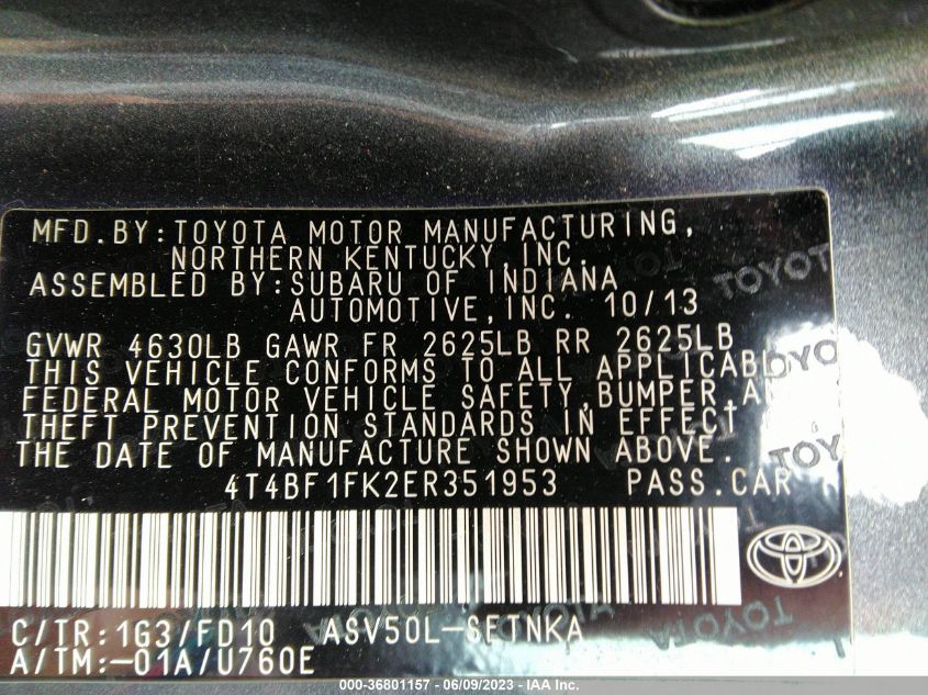 2014 TOYOTA CAMRY L/SE/LE/XLE - 4T4BF1FK2ER351953