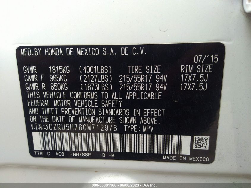 2016 HONDA HR-V EXL - 3CZRU5H76GM712976