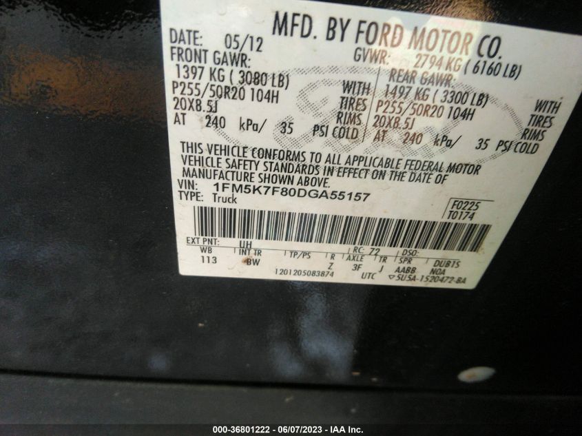 2013 FORD EXPLORER LIMITED - 1FM5K7F80DGA55157