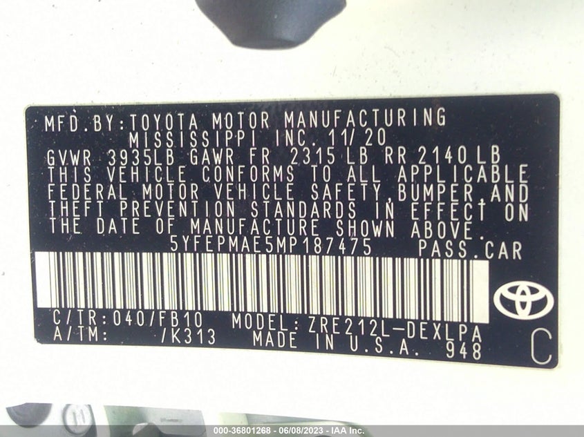 VIN 5YFEPMAE5MP187475 2021 TOYOTA COROLLA LE