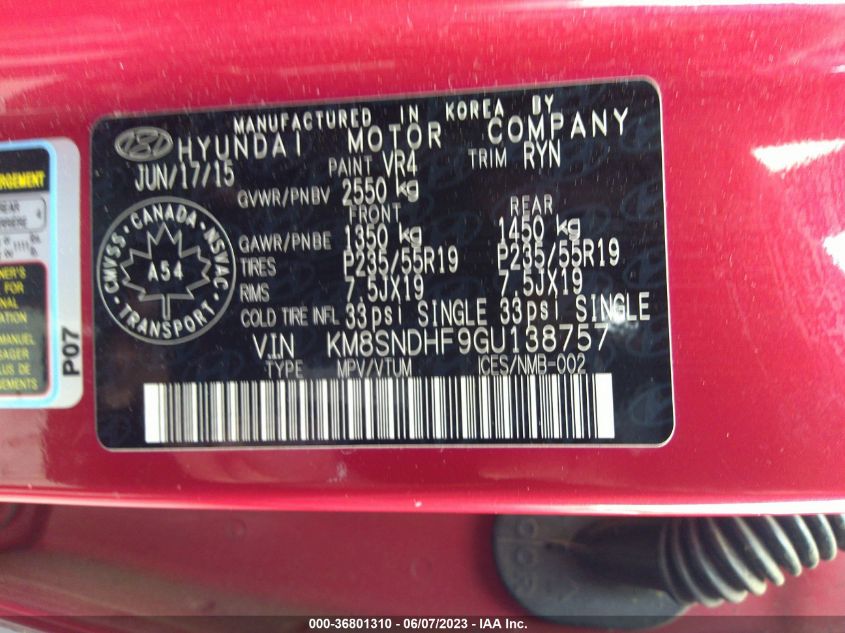 2016 HYUNDAI SANTA FE XL LIMITED - KM8SNDHF9GU138757